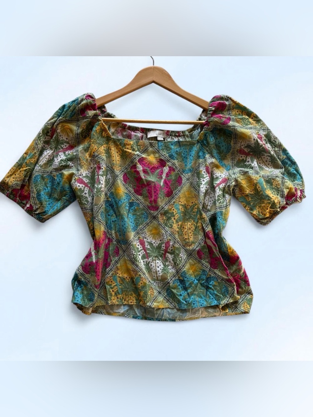 LOFT Tropical Patchwork Square-Neck Puff Sleeve Blouse Size Small